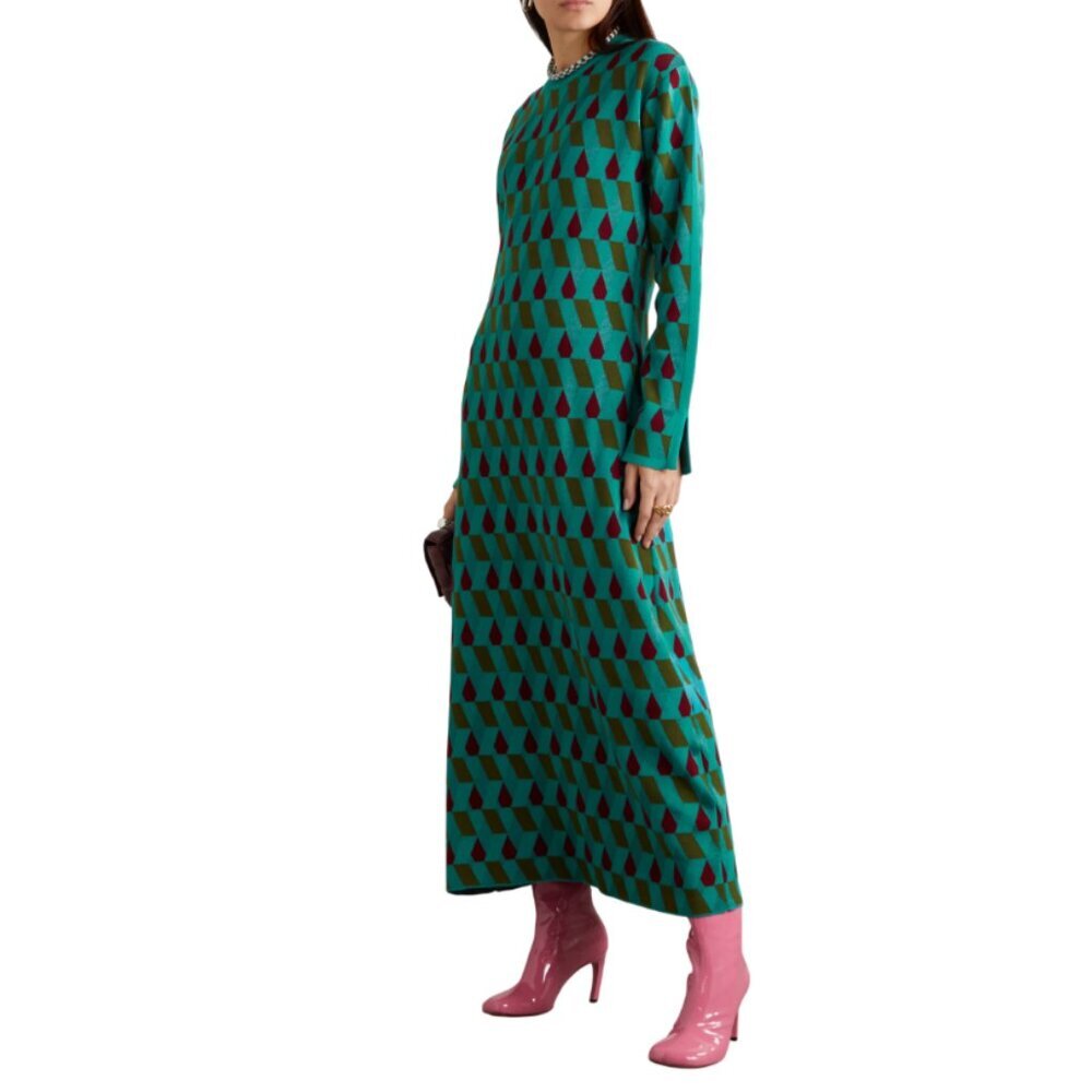 NWT La DoubleJ Diamonds Jacquard Knit Maxi Dress Womens Large Green Crew Neck - Picture 4 of 13